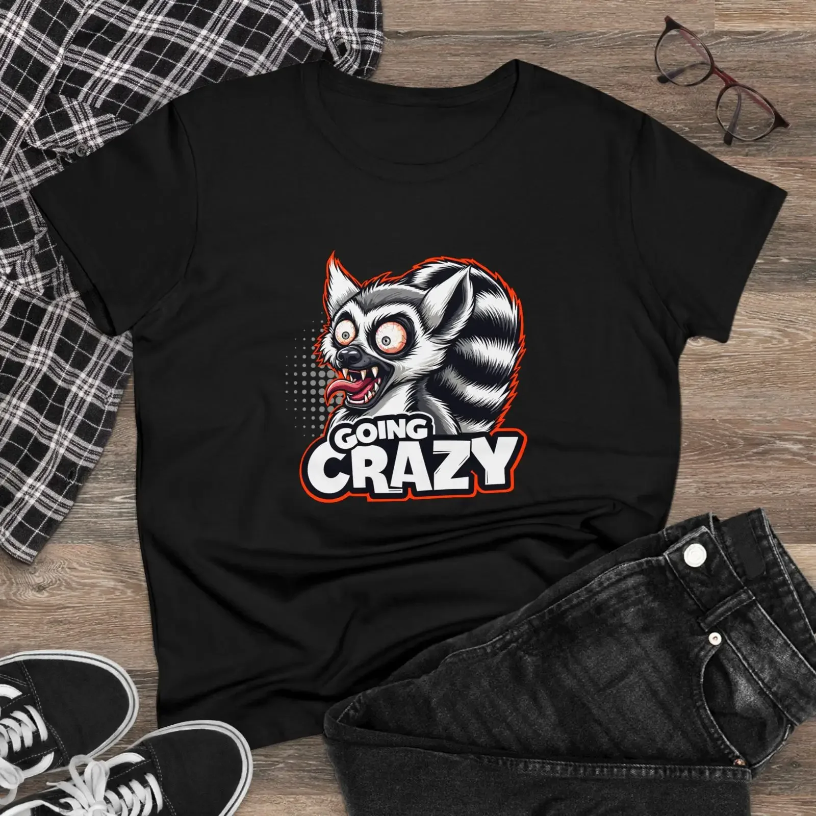 Going Crazy Lemur Women's Midweight Cotton T Shirt vintage Washed Versatile graphic Top For Everyday Wear homme