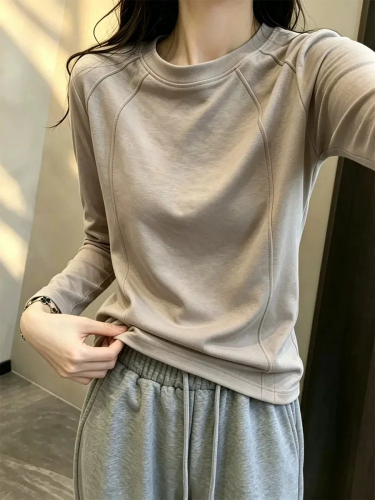 Chic round Neck Long Sleeve T-Shirt Women's Patchwork Base Shirt Design Sense 2026 New Style Korean Version Commute Wind