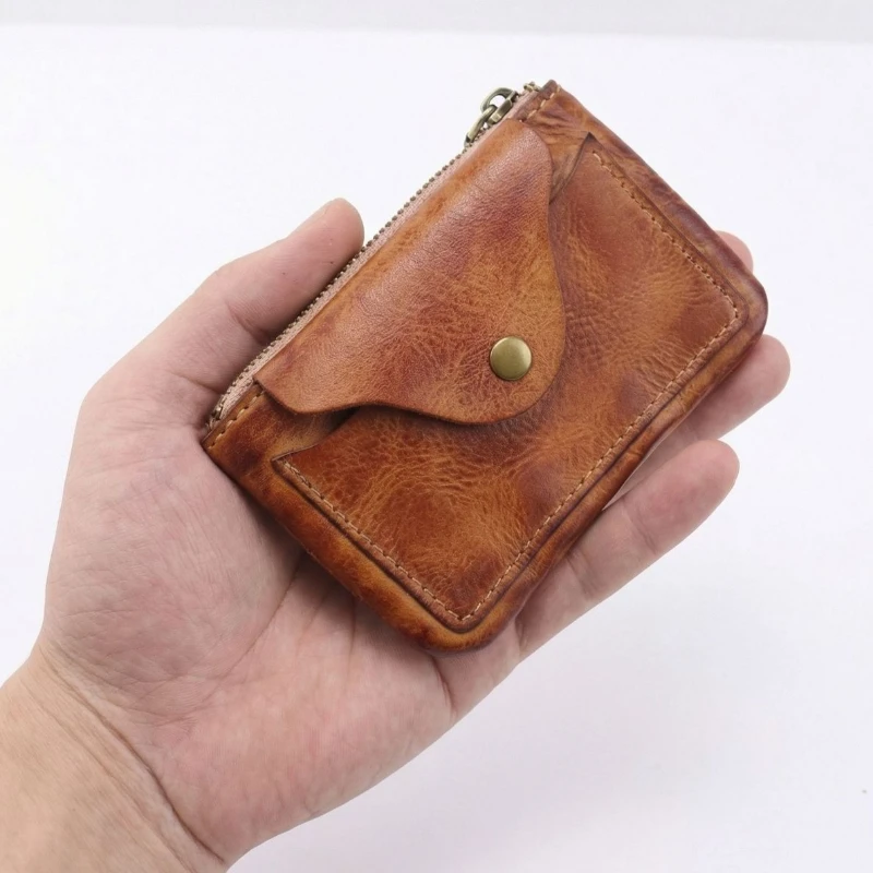 Multi-Compartment Vintage Top Grain Leather Coin Purse, Dual Pocket Design Card Holder with Snap Closure & Secure Zipper Pocket