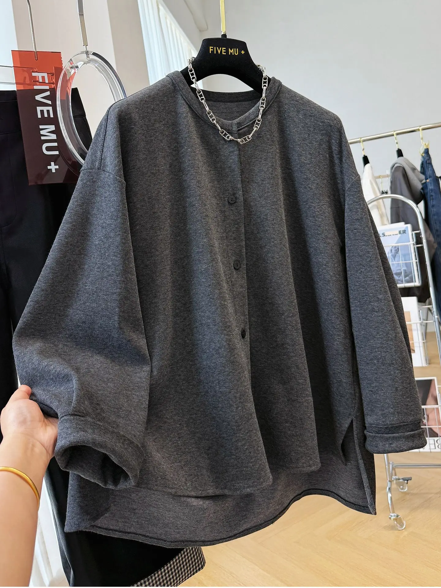 

Оверсайз-куртка в корейском ретро-стиле с круглым вырезом и пуговицами, осенняя, свободного кроя, повседневная, топ-куртка