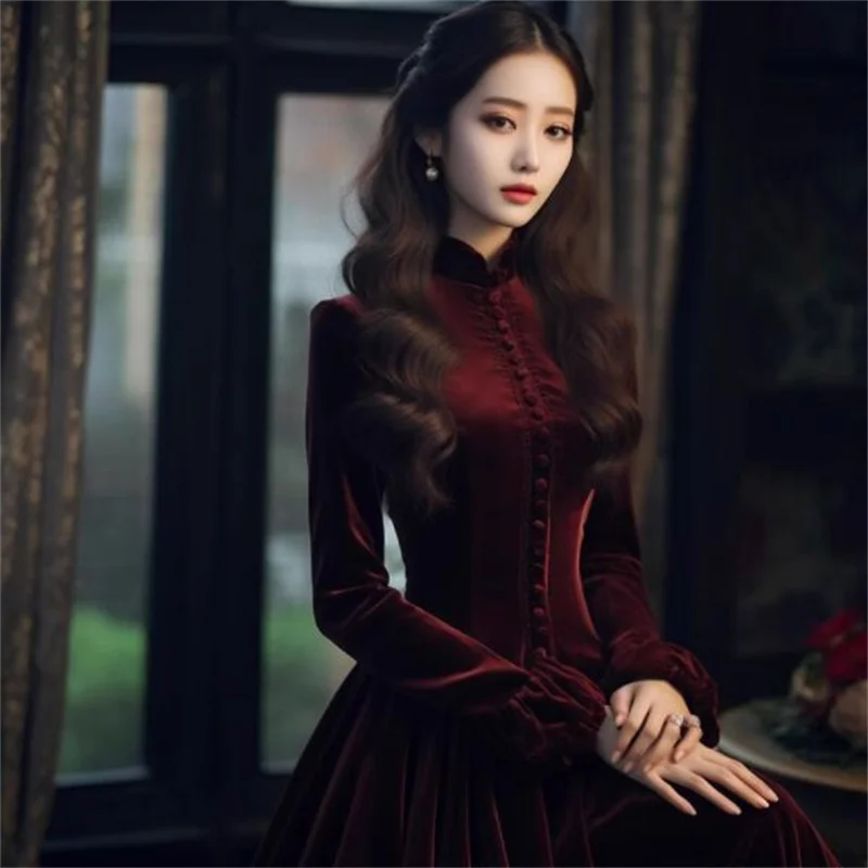 Spring New Women's Fashion French Pear Shaped Body Dropping Feeling Mature Sister's Mighty Red Velvet Dress Female A-line Skirt