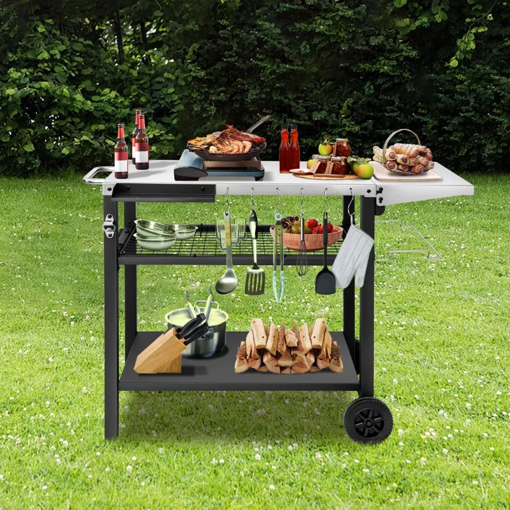 Outdoor Grill Cart Table Pizza Oven Stand, Three-Shelf Stainless Steel Food Prep Table Patio BBQ Grill Table Bar Cart