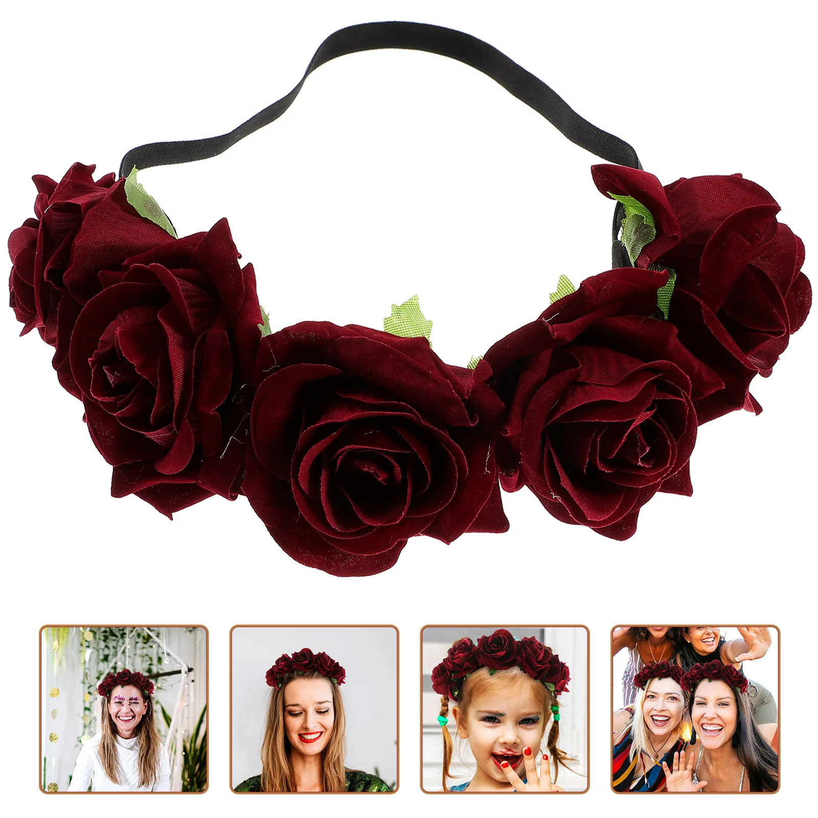 

Rose Flower Headband Dark Red Sweet Elegant Design Realistic Blooming Look Wedding Beach Photo Props Floral Headdress