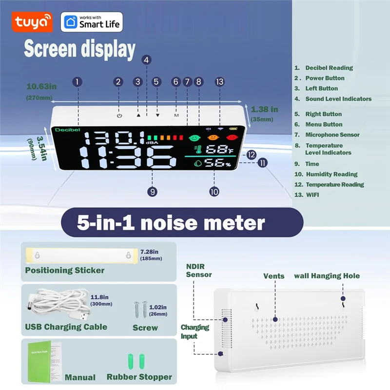 เครื่องตรวจจับก๊าซคาร์บอนไดออกไซด์ ABKQ-Tuya Smart Wifi 5 in 1 พร้อมเครื่องวัดระดับเสียง เครื่องวัดอุณหภูมิ และเครื่องวัดความชื้น สำหรับบ้านและห้องเรียน