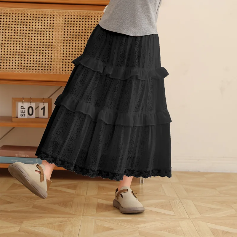 Teens Girls Lace Tiered Cake Skirt Elastic Waist Hollow Out Ruffle Layered Long Casual Summer Party Kids High Waist A-Line Skirt