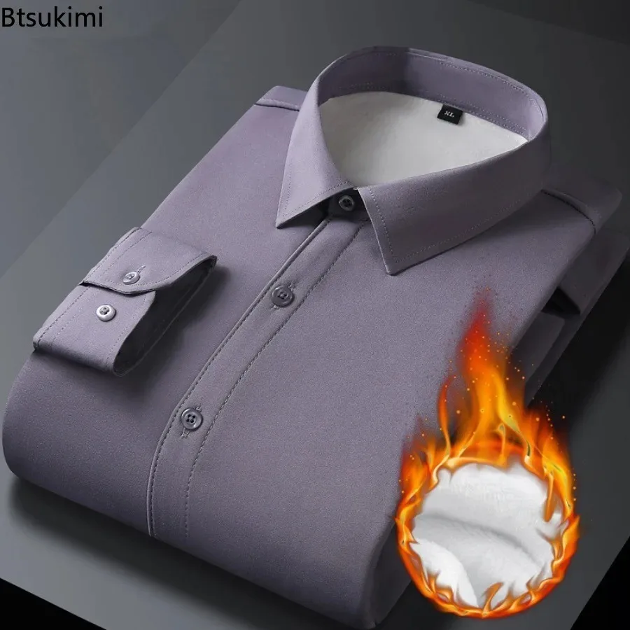2026 Men\'s Autumn Winter Long Sleeve Shirts White Warm Fleece Stretch Shirt Formal Business Office Wear Dress Shirts Male M-5XL