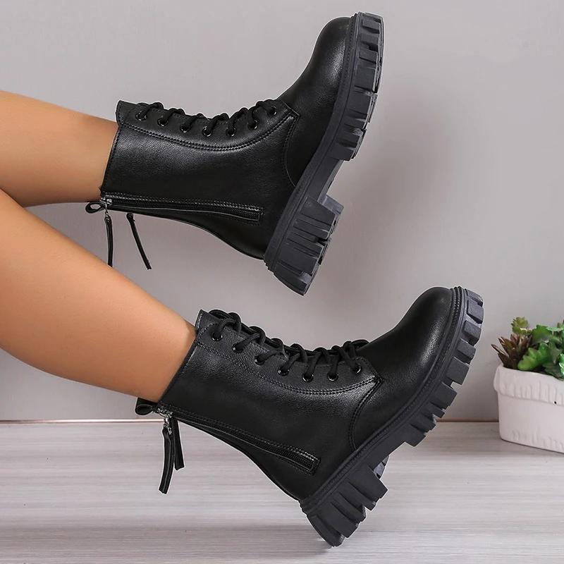 2024 Black New Women Ankle Boots Autumn Winter Platform Lace Up Ladies Punk Boots Thick Sole Zipper Combat Booties Female