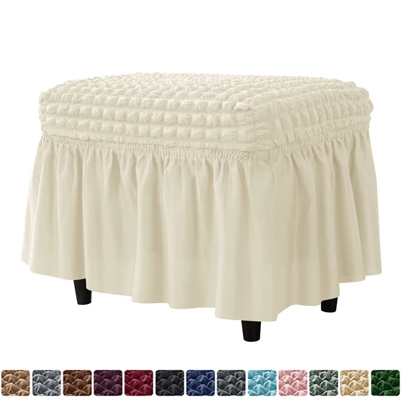 Plaid Seersucker Ottoman Cover with Skirt Stretch Solid Color Footstool Covers All-inclusive Footrest Slipcovers for Living Room