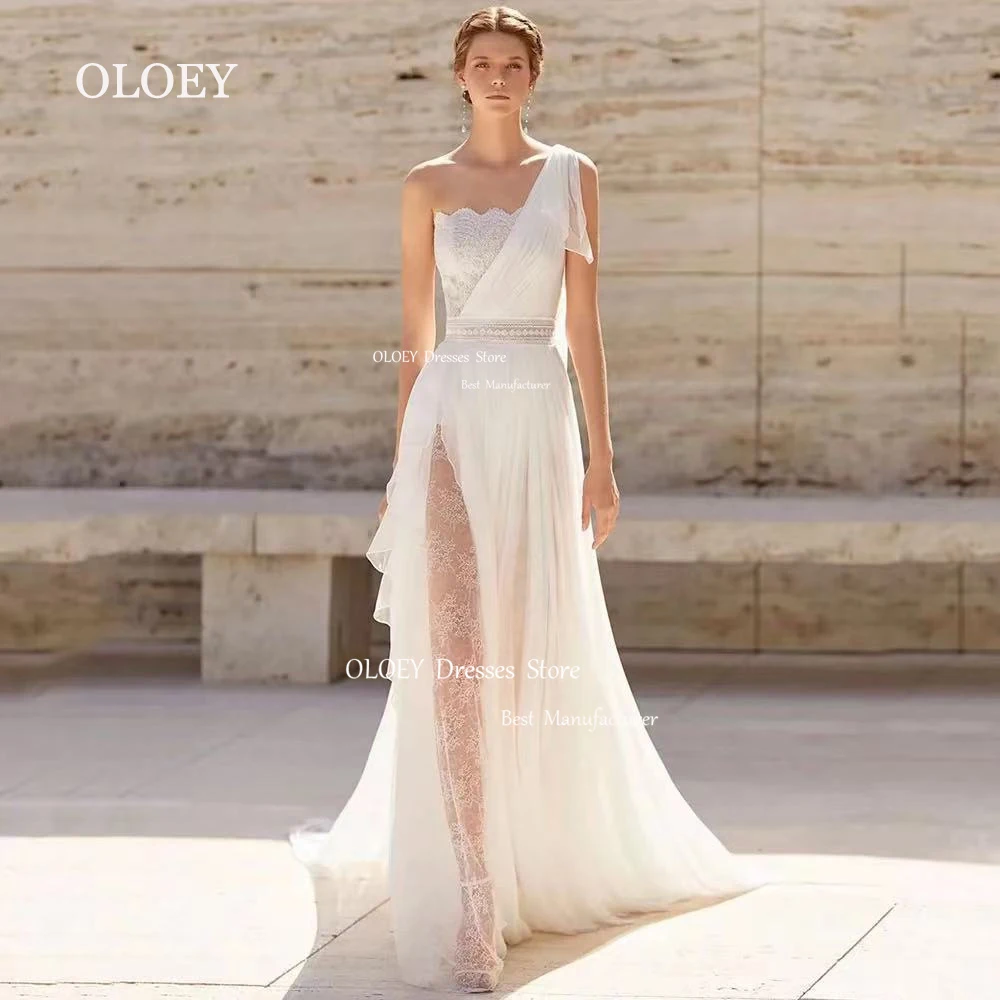 OLOEY Exquisite Ivory Lace Wedding Dress One Shoulder Sleeveless Long Sweep Train Bridal Gown Sexy High Slit Custom Made