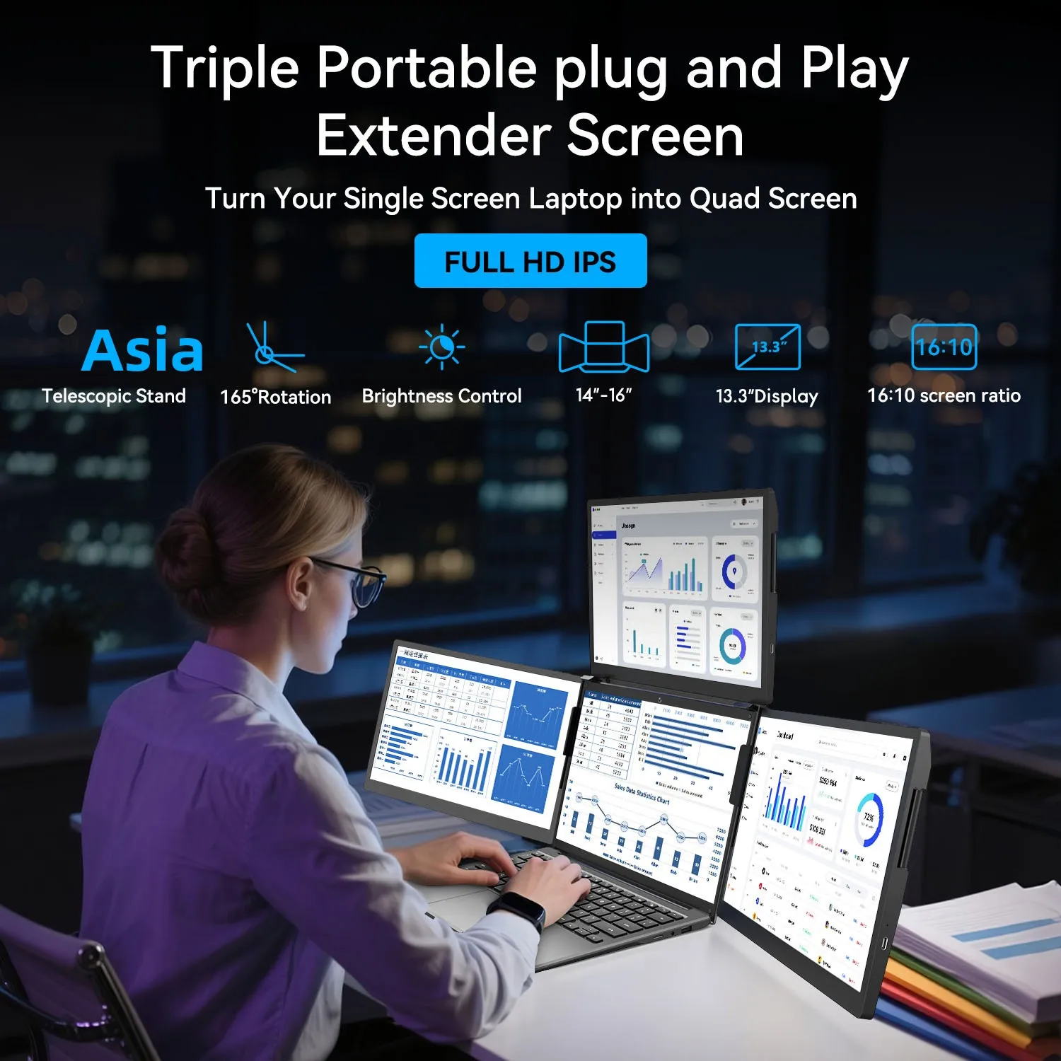 Laptop Expansion Screen One-Line Three-Screen LCD LED Backlit Portable Monitor 16:10 Aspect Ratio 280cd/m Brightness 20ms
