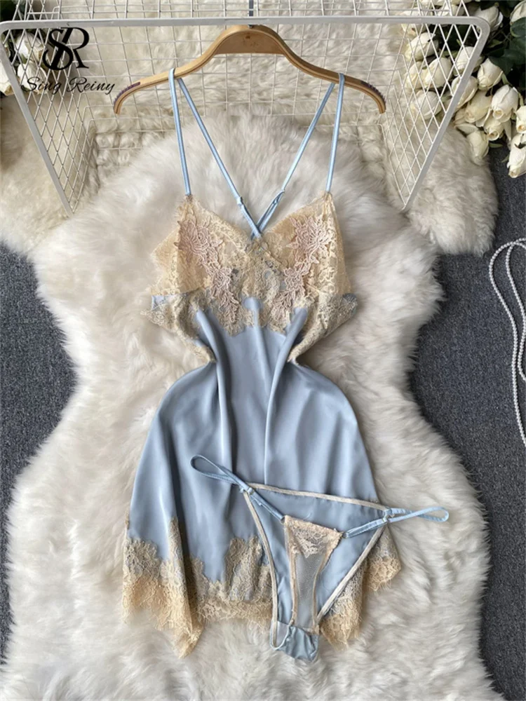 

SINGREINY Fashion Erotic Spliced Lace Slim Nightwear Female Camis Sheer Club Night Dress Ladies Backless Lace Up Sexy Pajamas