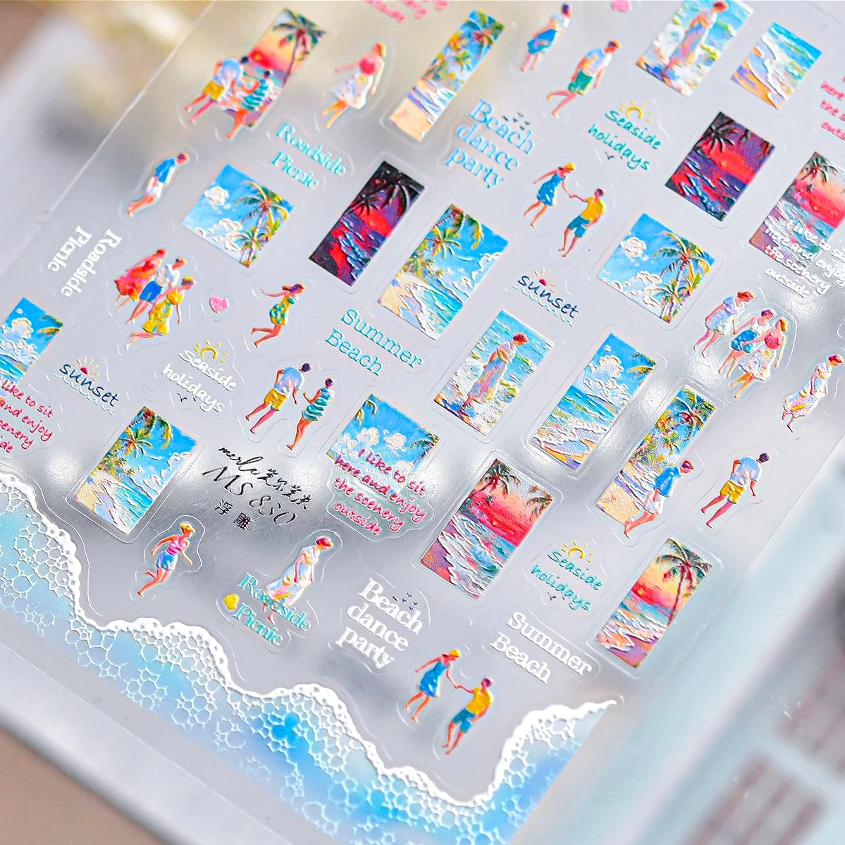 

Sunmmer Sea Wave Beach Dance Party Sunset Surf Coconut Tree Boys Girls Picnic Water Bubbles Chic Nail Art Sticker Manicure Decal