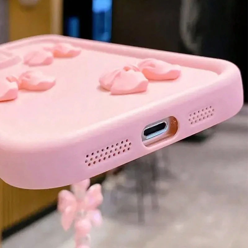 Niedliche 3D-Schleifen-Luxus-Handyhülle für iPhone 11 12 13 14 15 16 17 Pro Max 16E X XS XR Plus Hüllen mit Schleifenband und Hängeseil. – Detail 2