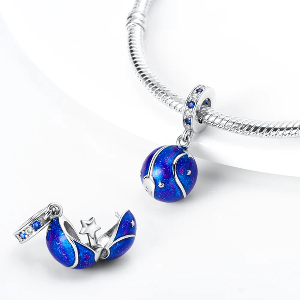 Silver-Plated Blue Moon Star Globe Charms Beads Fit Original Bracelets Bag Keychain Charms Beads Pendant Diy Women Jewelry Gift