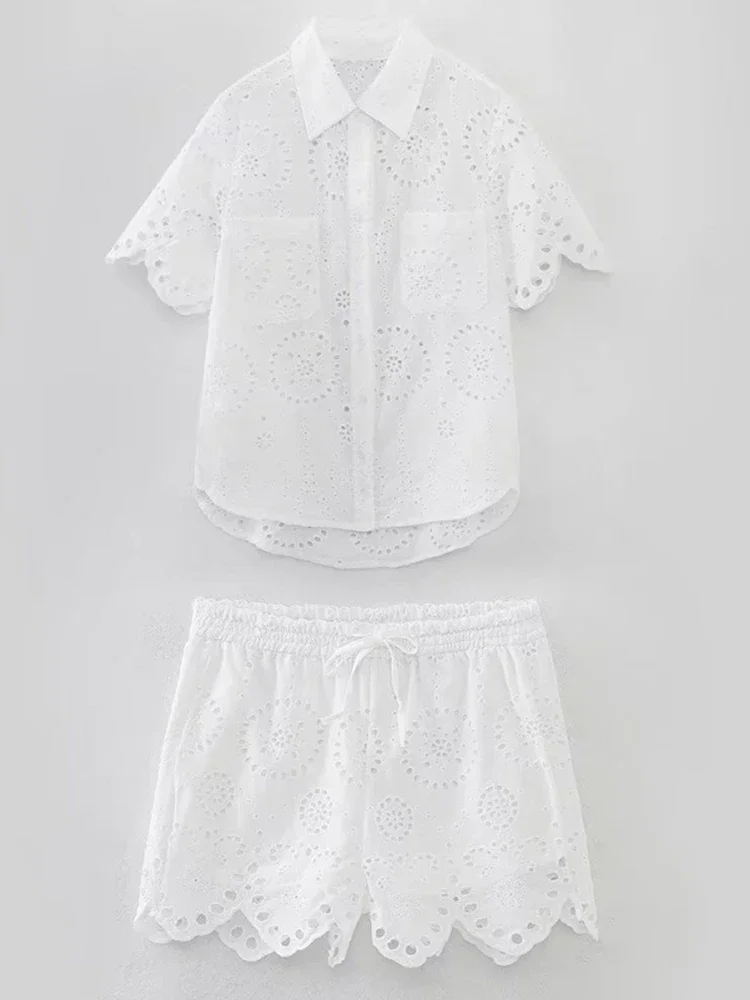 Foridol White Cotton Shorts Set Summer Women 2024 Pockets Hollow Out Embroidery 2 Pcs Outfits Shirt+shorts Suit Beach Casual Set