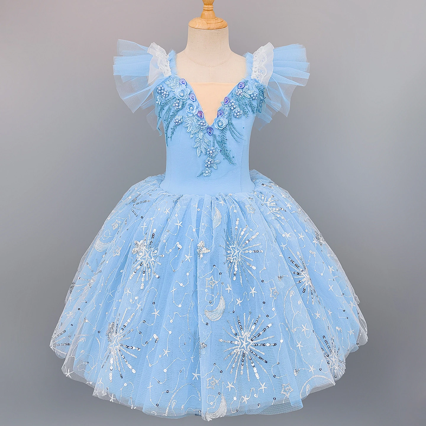 Light Blue Ballet Dress For Girls Long Romantic Tutus Kids Children Princess Party Dresses Performance Dance Stage Clothes