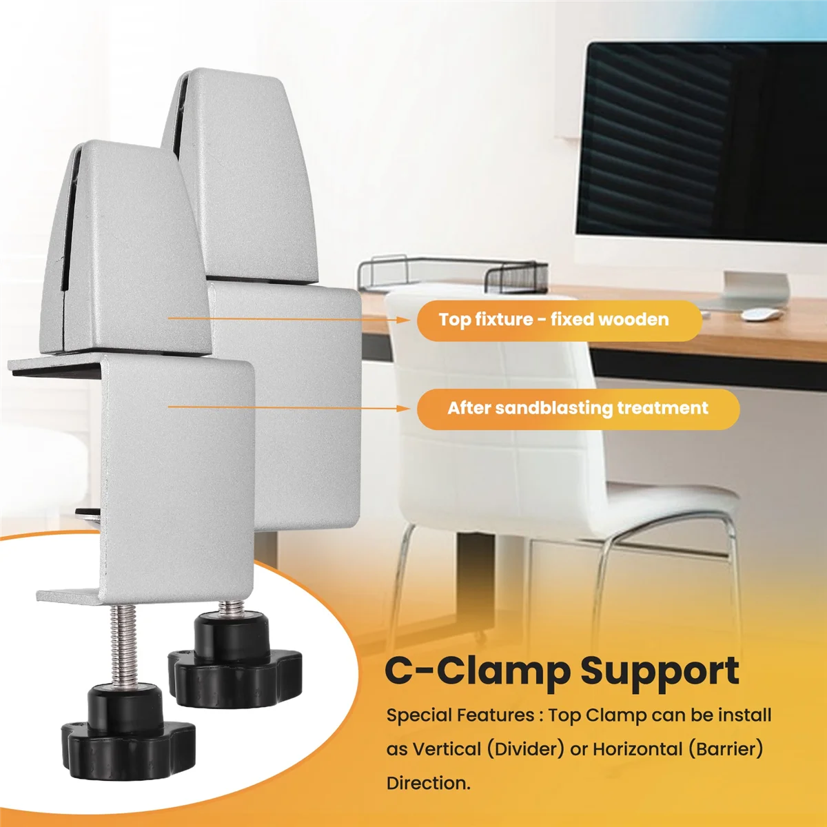 F-3C 2 Pcs Office Desk Divider Clamp Privacy Screen Clip Holder Bracket Screen Baffle Clamp Partition for Table Clamp -Silver