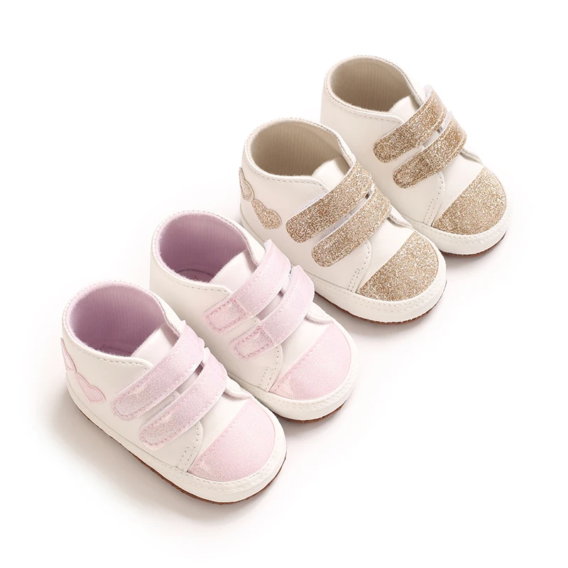 Baby Shoes Baby Learning Walk Shoes 0‑1 Years Glitter Heart Double Strap Sneakers Soft Crib Shoes for Girls