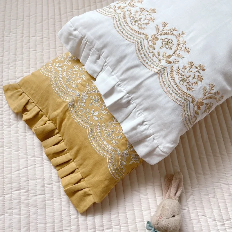 1 Piece Princess Embroidered Ruffle Pillow Case Pure Cotton Gauze Envelope Type Pillowcase For Bed Pillows Sham Decorative Cover
