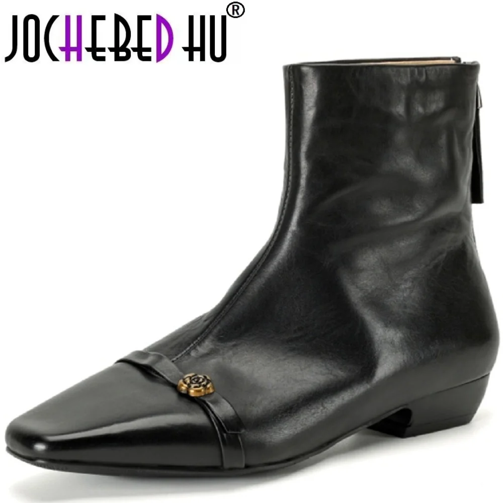 【JOCHEBED HU】Handmade Genuine Leather Elegant Square Toe Women's Boots Autumn Winter Wide Calf Mid Heel Style Boots 33-42
