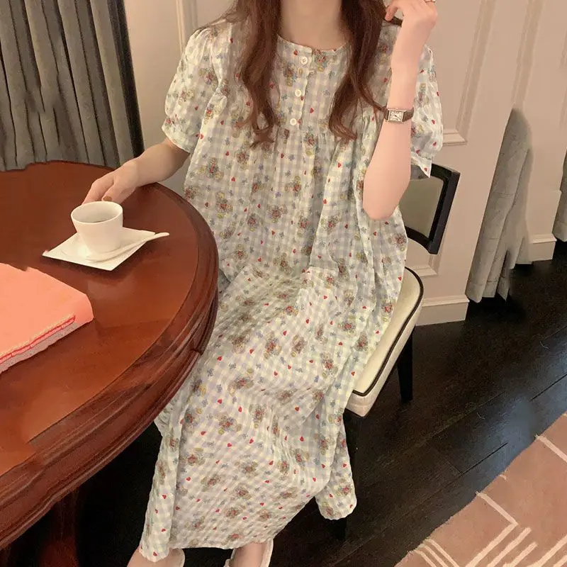 

Korean Fashionable Nightgown for Women Summer Short-sleeved Long Skirt Loose Casual Plaid Pajamas Girls Home Clothes Nightdress