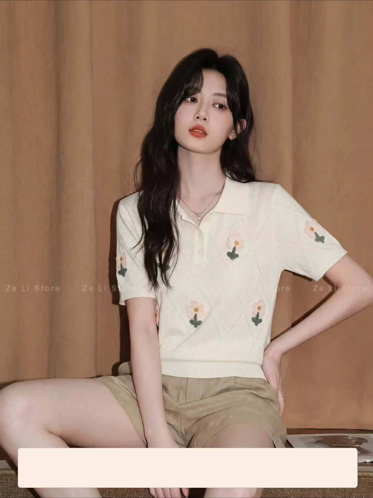 

Apricot Collar Short-sleeved Knitting Shirt for Women 2026 Summernew Arrival Ice Silk Sense of Design Stereo Flower Shorttops