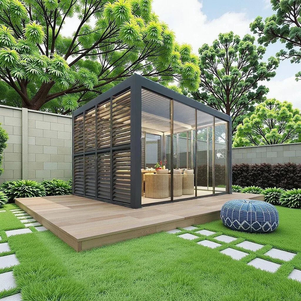 Aluminum Pergola Automatic Flip Louvered Roof with LED Roller Blinds Gazebo with Glass Door in Garden