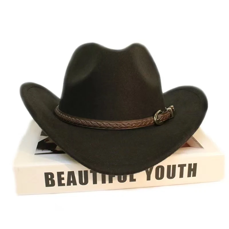 Coffee Leather Band Vintage Parent-child Women Men /Kid Child Wool Wide Brim Cowboy Western Hat Cowgirl Bowler Cap (56-58cm)