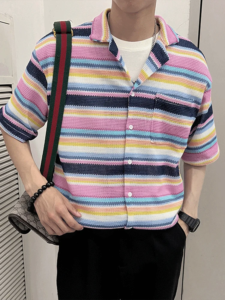 

Men's ort Sve Knitted irt Casual Cuban Collar Breathable Faionable Summer Youth Polyester Blend Stand Fit Button up