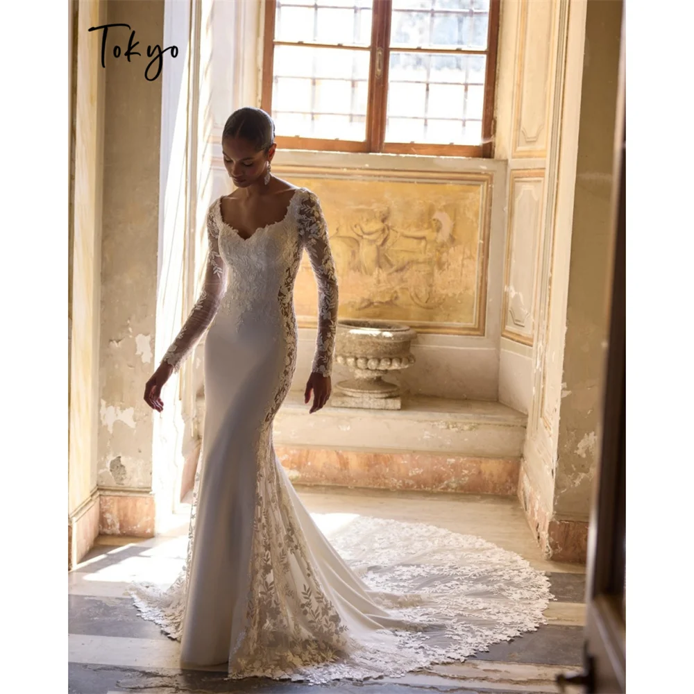 

Tokyo Sweetheart Floral Embroidered Mermaid Gown Long Sleeve Illusion Wedding Dress For Women Church Bridal Evening Reception
