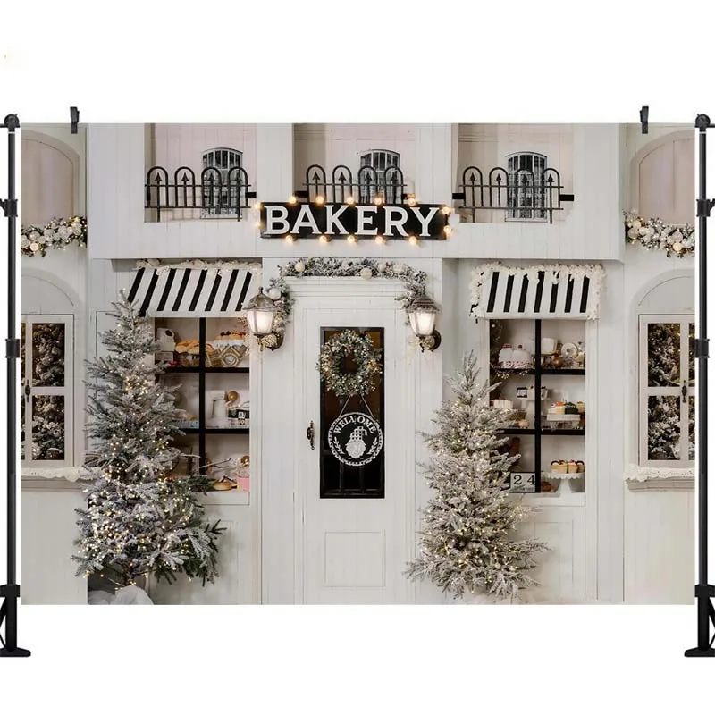LS Christmas Gifts Shop Backdrop Photography Gingerbread Candy Cane Bakehouse Store Front Background Winter Family Photo view 2