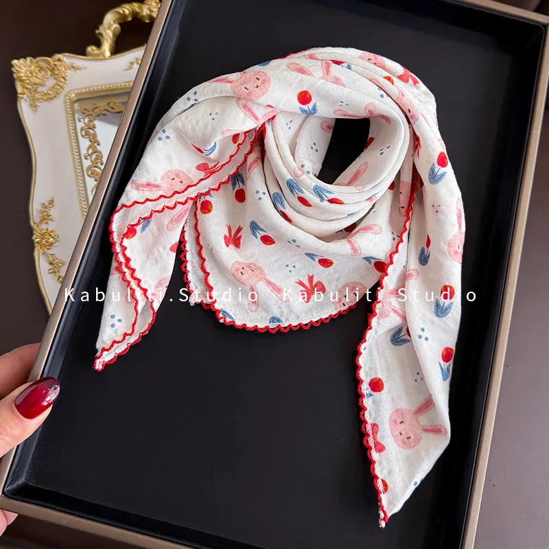 Cotton Linen Square Scarf  58 Cm Floral Print High Quality Soft Lightweight Neck Protection Versatile Daily Use As Hair Band