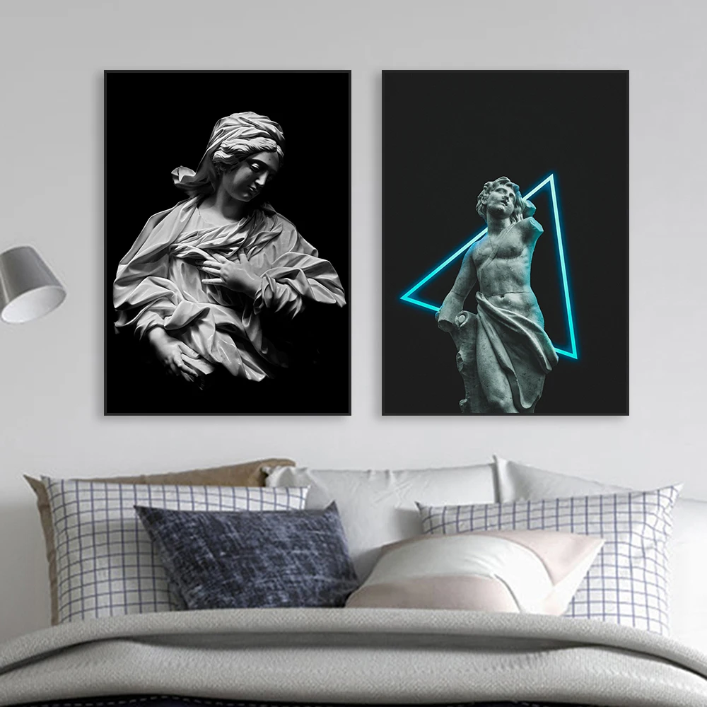 Black and White Neon Style Prints Poster Greek God Large Canvas Painting Goddess Sculpture Prints Wall Art Living Room Decor