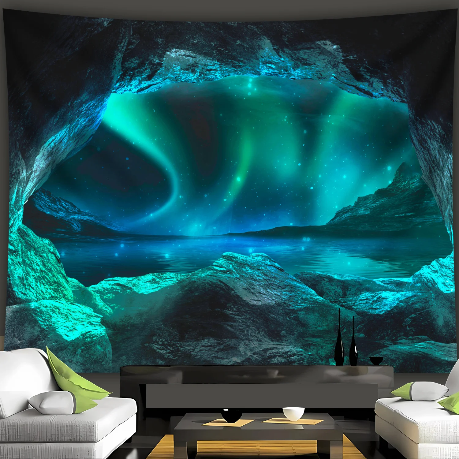 Northern Lights Cave Wall Tapestry Aurora Sky Lake Rocks Night Nature 2D HD Print