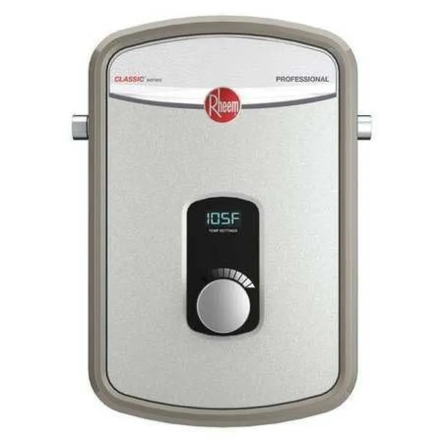Residential tankless water heater with 240V heating chamber, RTEX-13 model, gray finish, energy-efficient instant hot water del