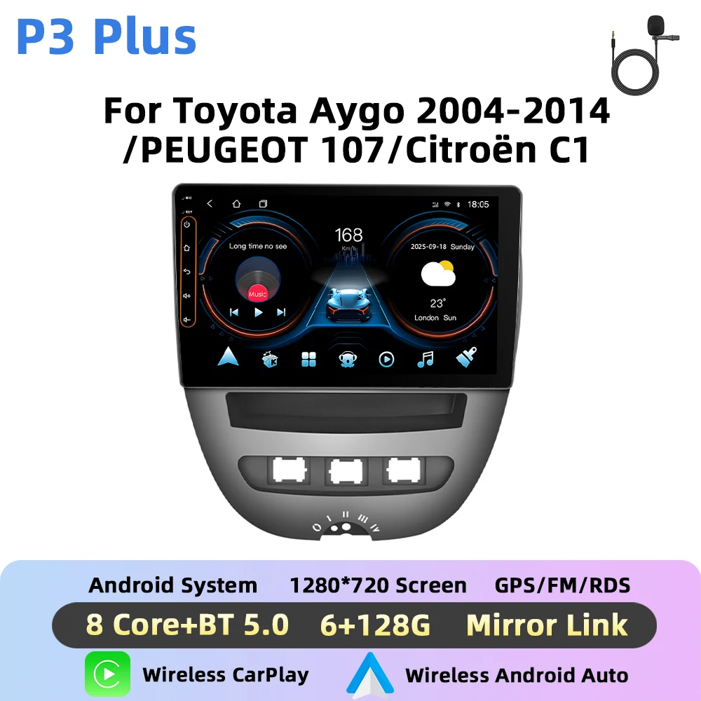 Podofo 10 ''Draadloze CarPlay AI Voice Autoradio Voor Toyota Aygo 2004-2014/PEUGEOT 107/Citroën C1 Android GPS DSP Autoradio FM BT