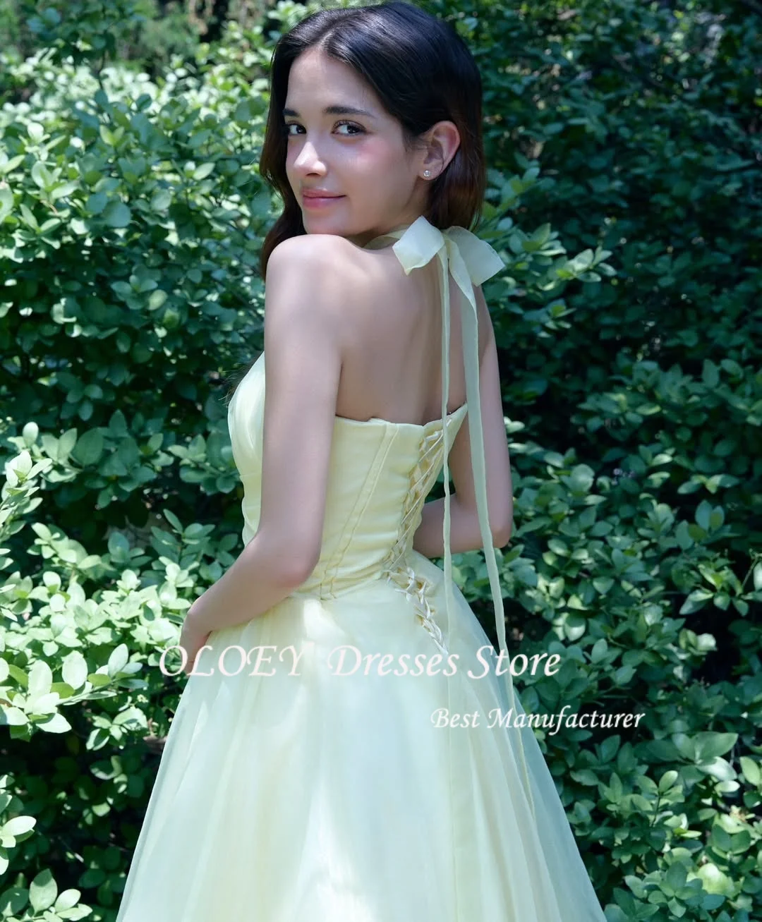 OLOEY Halter Neck Yellow Customized Organza Floor Length Ruched Simple Party Prom Gowns Formal vestidos de fiesta 웨딩드레스
