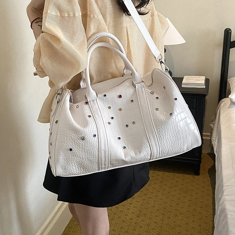 Large Capacity Boston Bag - Rhinestone Retro PU Crossbody Tote
