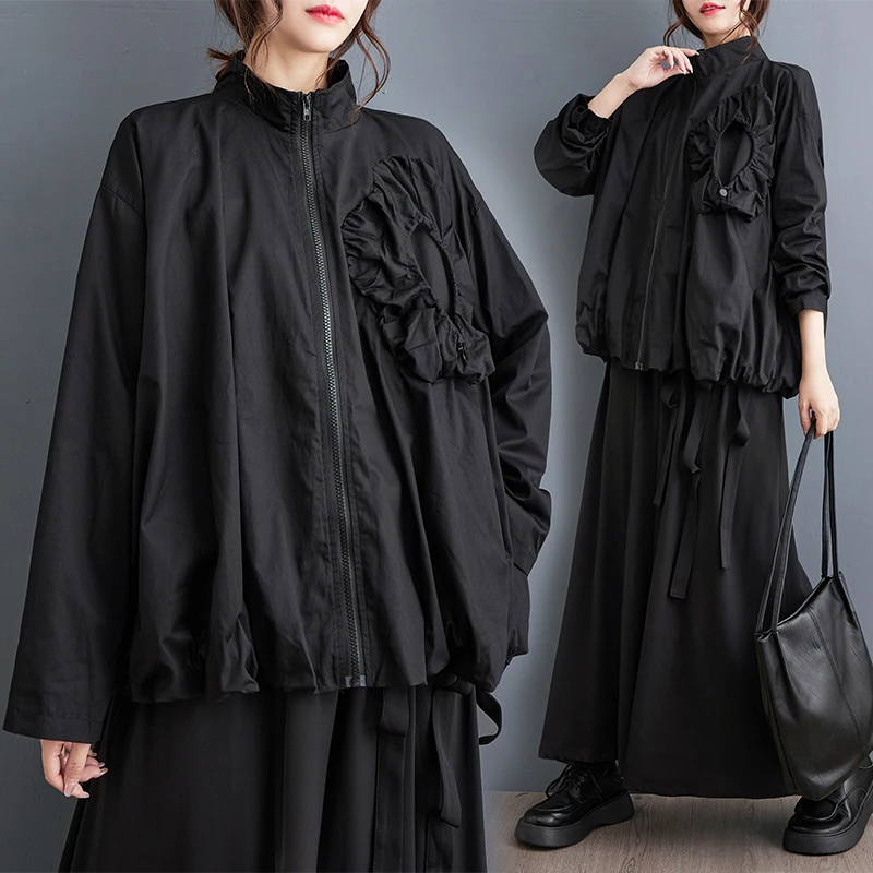 Dark Style Spring Autumn Double Layer Loose Flower Bud Shaped Jacket 3D Decorative Women's Fashion Outerwear Polyester Blend