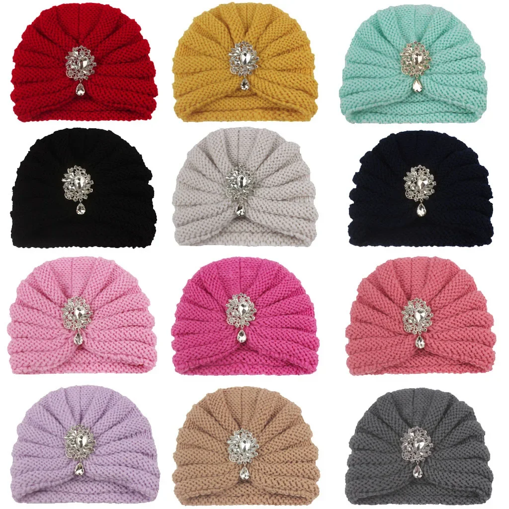 Handmade malha listrado Beanie Caps para bebê meninas, brilhando strass chapéus, acessórios de cabelo para criança, foto adereços, bonito, 1pc