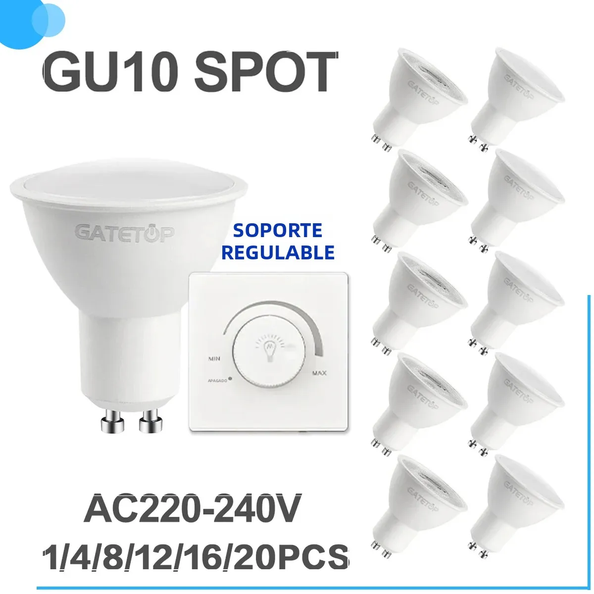 1/4/8/12/16/20PCS Foco LED GU10 regulable 220V 3000K 4000K 6000K, reemplaza la lámpara halógena de 50W, iluminación direccional para el hogar