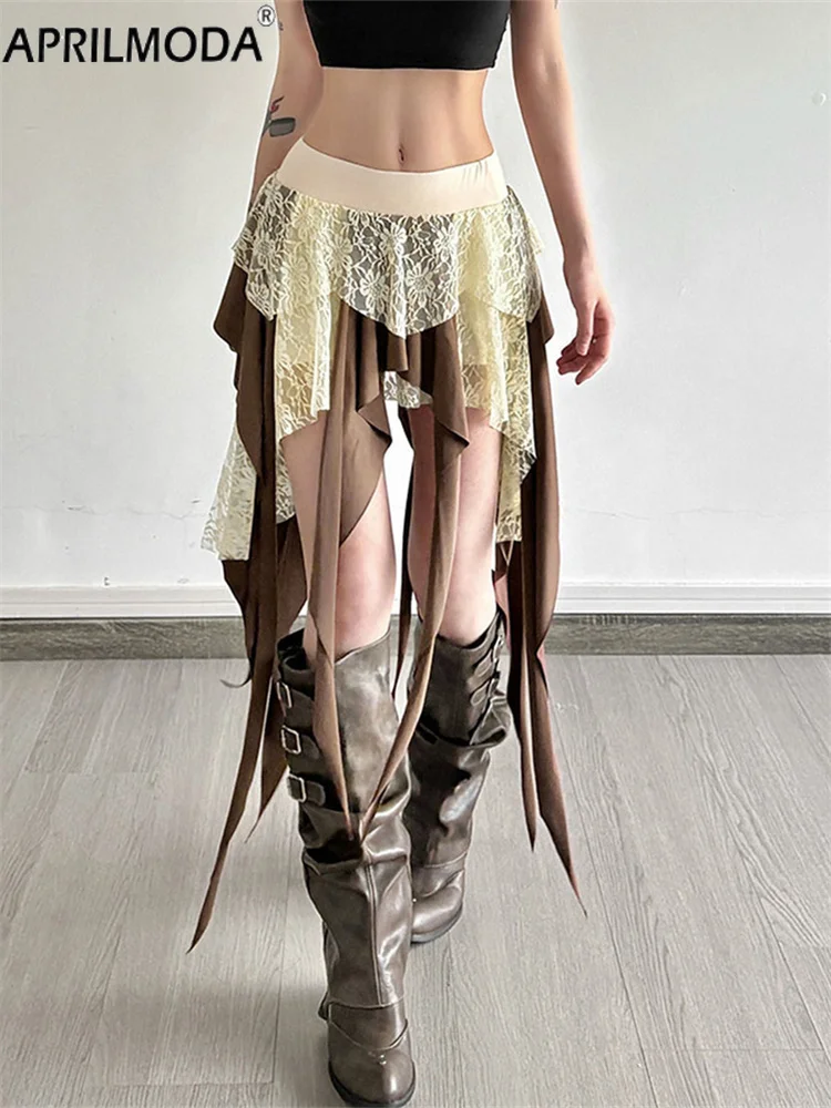 

2025 Grunge Lace Fringed Asymmetrical Low Rise Mini Skirt Multi Layer Girl Aesthetic Scene Skirts for Woman Summer Y2k Clothes