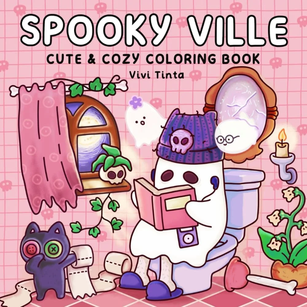 Adult Coloring Book Spooky Ville Creative Art Therapy Gift Stress Relief Design Theme Decor Enthusiast