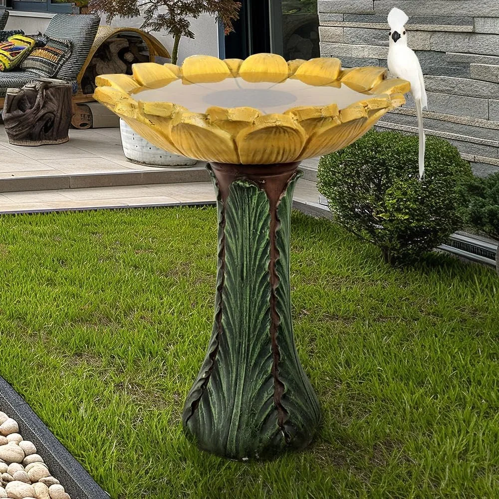 

24.4” Tall Outdoor Concrete Bird Bath - Sunflower Birdbath Bowl with Green Leaf Pedestal for Garden, Patio, Lawn