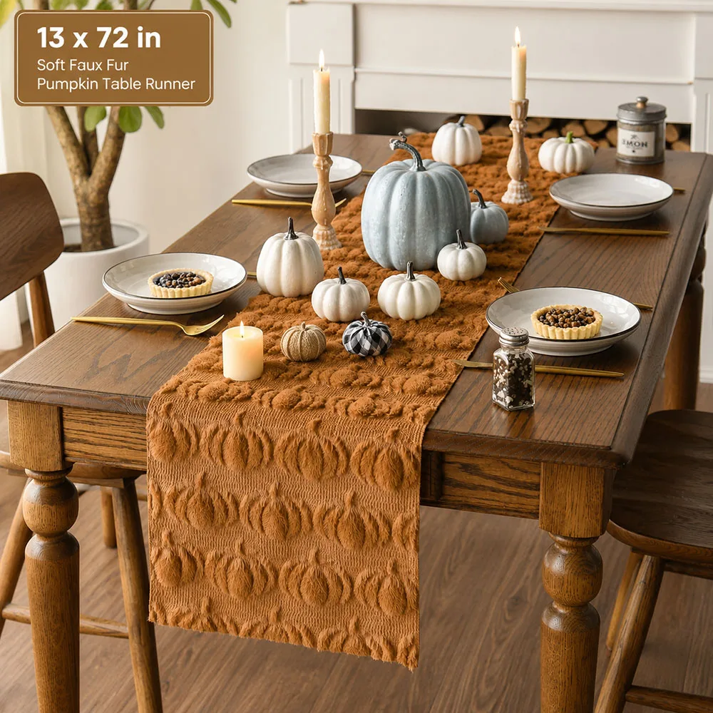 Caramel Faux Fur Pumpkin Table Runner 13x72 Inch 3D Plush Fall Thanksgiving Table Decor for Dining Room Kitchen Home Party