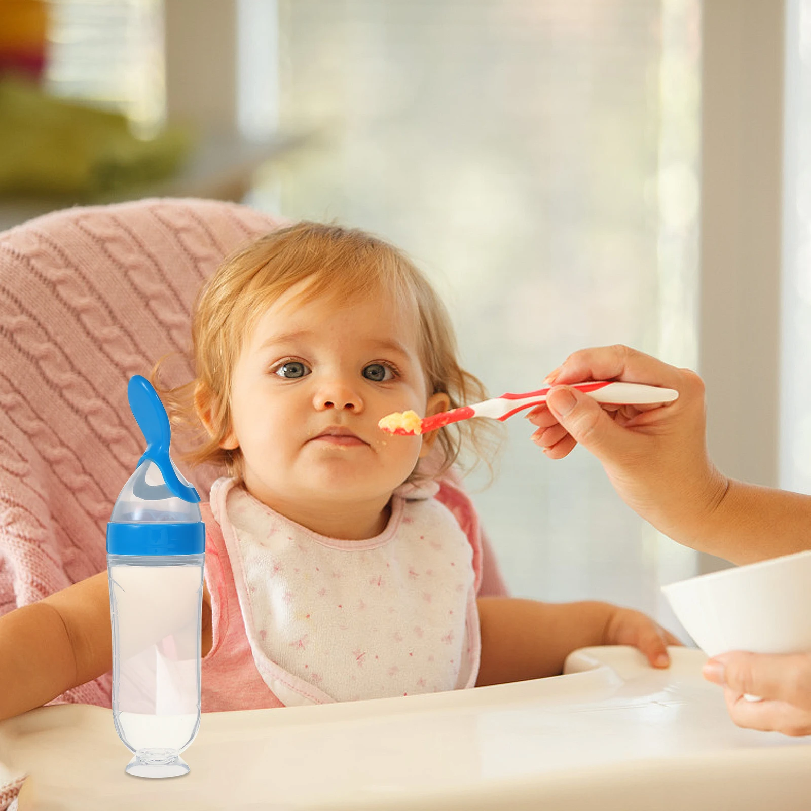 

Silicone Extrusion Feeding Spoon Baby Feeder Squeeze Dispensing Spoons for 6 12 Months Toddler Blue Anti Tip Over Kitchen Bar