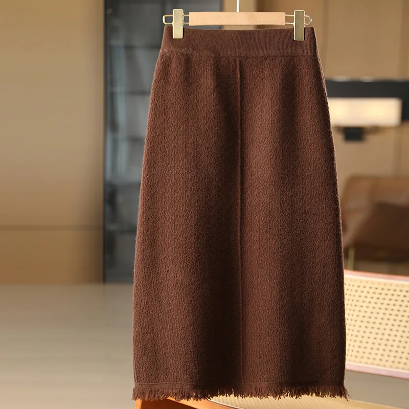 

Women’s Pure Wool Tassel Skirts Autumn Winter Office Lady Wool Elastic Waist Skirts 100% Merino Wool Knitwear Soft A-Line Skirt