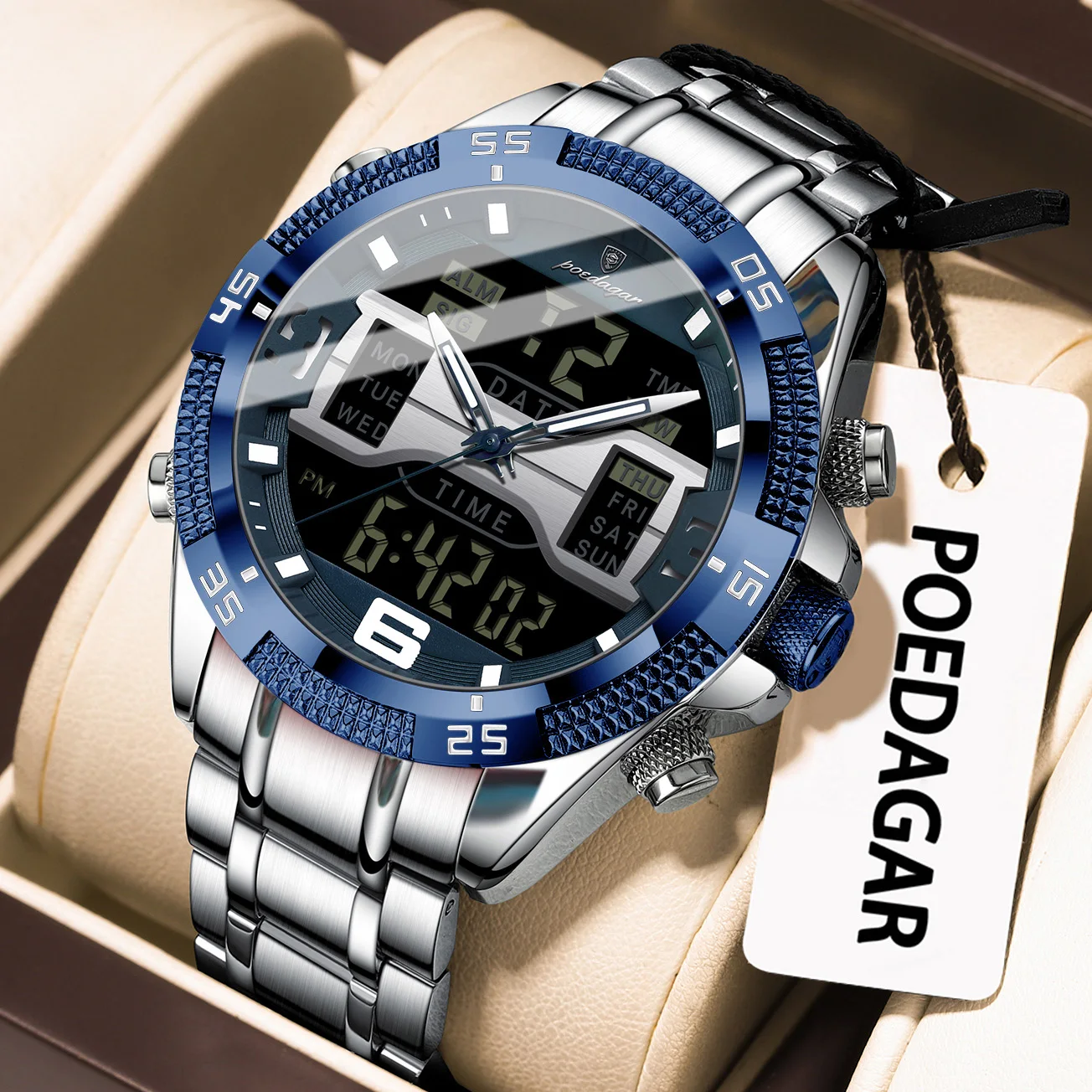 

POEDAGAR Роскошные мужские цифровые часы с будильником, светящиеся светодиодные часы с датой недели, спортивные кварцевые мужские часы, модные военные электронные мужские часы