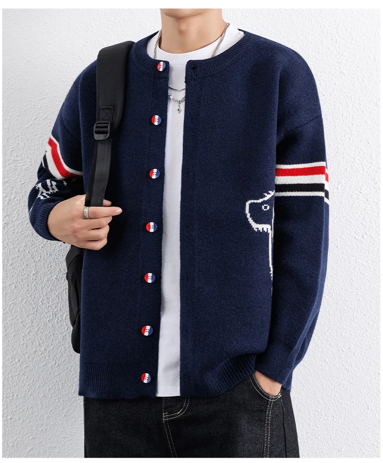 Mode süße Welpen bedruckt Pullover Jacke Herren High-End Marke farbige Streifen Design Gelegenheit Winter dicke warme runde Kragen Strickhemd – Detail 14