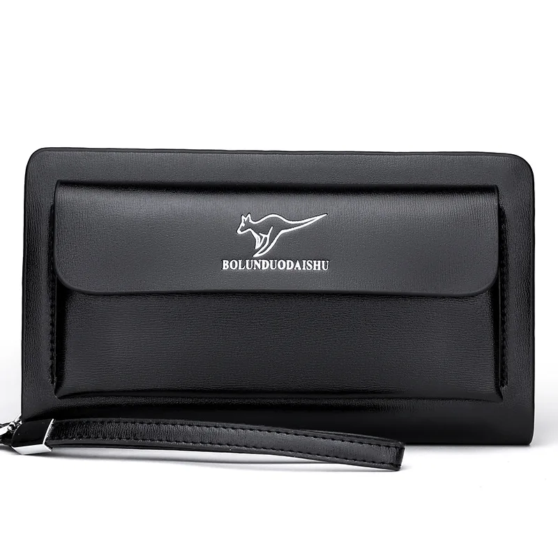 KANGAROO Brand Men Clutch Bag Fashion Leather Long Purse Double Zipper Business Wallet Black Brown Male Casual Handy Bag